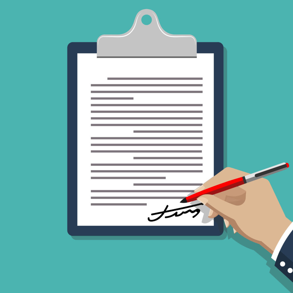 1610.m10.i302.n010.F.c06.237498064 Hand signing document. Man writing on paper contract documents vector illustration